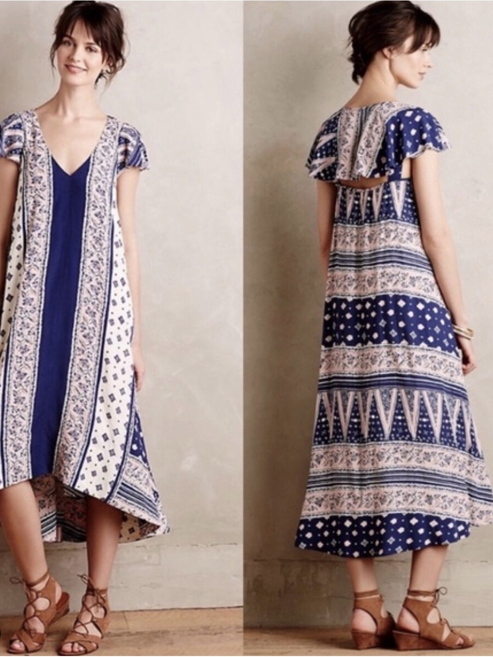 Maeve Blue and Cream Printed V-Neck High-Low Maxi Dress